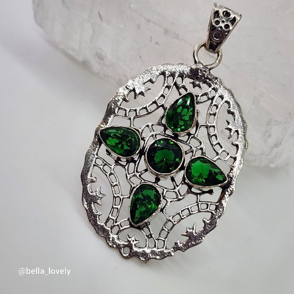 Peridot Filigree Silver Plated Antique Style Pendant 2.4"